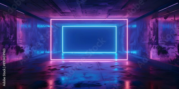 Fototapeta Sci Fi Futuristic Cyber Retro Gaming Showcase Product Garage Grunge Concrete Neon Laser Glowing Frame Billboard Background Empty Hangar Studio Tunnel Background 3D Rendering