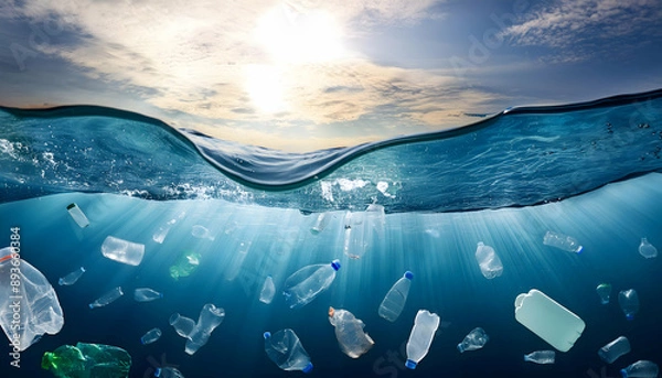 Fototapeta Plastic waste floating among the waves ocean background on digital art concept, Generative AI.