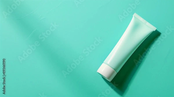 Fototapeta top view of a blank tube on a turquoise background  with soft shadows, summer skincare, and protection 
