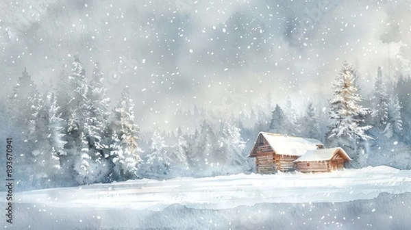 Obraz Peaceful snowy landscape in watercolor, with soft snowflakes, a cozy cabin, and muted winter colors, creating a serene winter scene