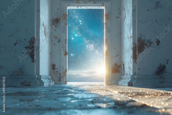 Fototapeta Surreal portrayal of a door opening to a starry night sky, set against a light gray backdrop,