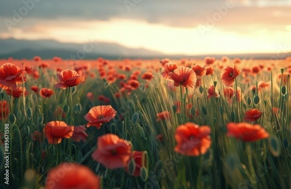 Fototapeta Red Poppies in a Field of Wheat