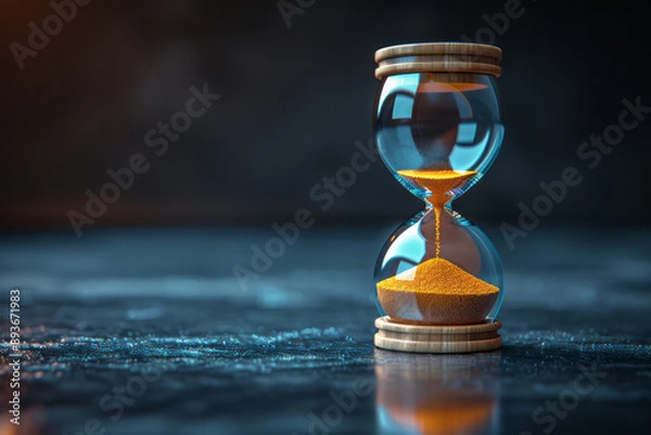 Fototapeta Minimalist abstract image of a sand timer with grains forming abstract shapes, on a dark background,