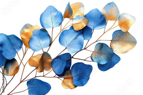 Fototapeta Stunning arrangement of blue and gold leaves isolated on transparent background, perfect for adding a touch of elegance to any design or decoration.