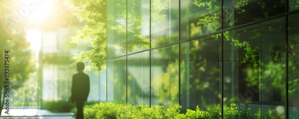 Obraz Defocused modern office building with large glass windows reflecting greenery, with silhouetted figures and sun rays