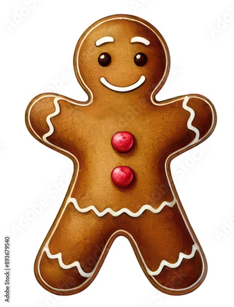 Fototapeta A cheerful gingerbread man with a big smile and red buttons.  Perfect for holiday designs.