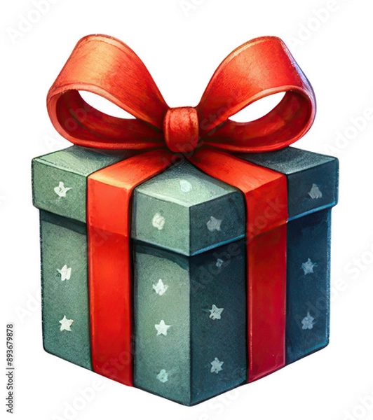 Fototapeta A green gift box with white stars and a red ribbon. The box is wrapped in a festive and elegant way.