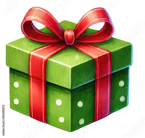 Fototapeta A green gift box with a red ribbon and bow, decorated with white dots.