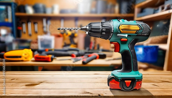 Obraz an electric cordless drill screwdriver tool on a wooden work table, set against a blurred background of various tools in a craft workshop. Highlight the energy and creativity of the workspace