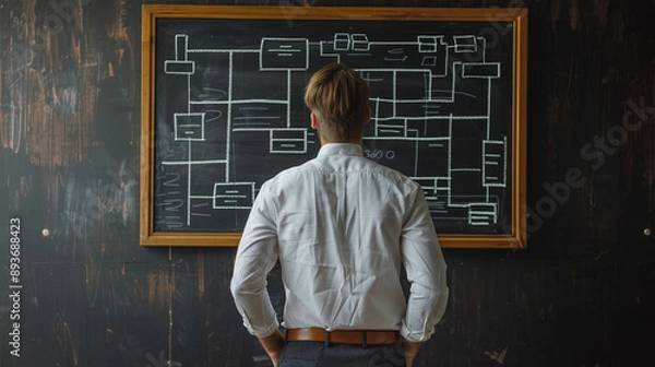 Fototapeta A businessman in a white shirt stands with his back to the camera, facing a chalkboard filled with a detailed flowchart, symbolizing the intricacies of business processes and structures.