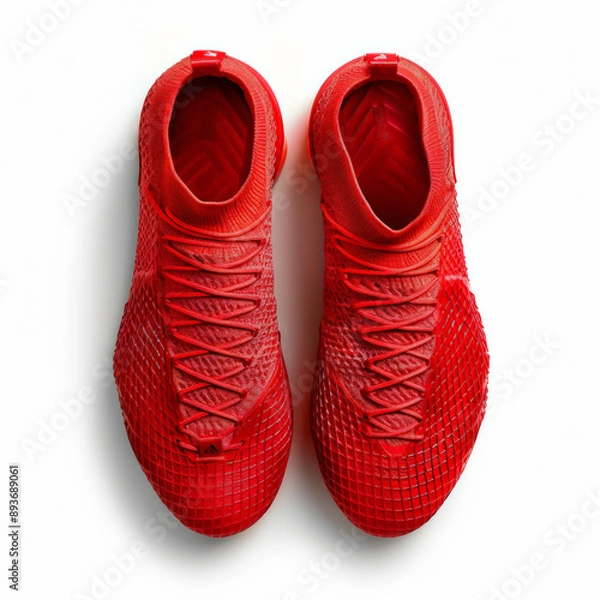 Fototapeta A pair of red soccer shoes, top view, white background, product rendering
