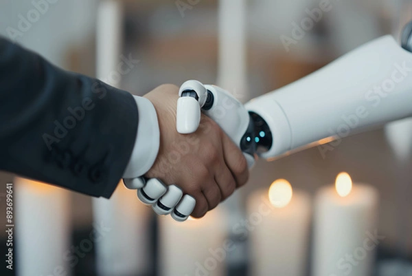 Fototapeta Using robot and AI helps in doing business and investing, close-up of a businessman shaking hand with a robot in agreement