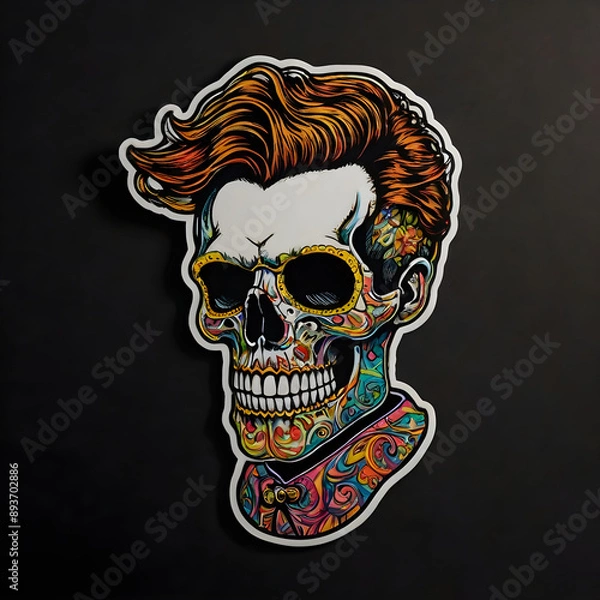 Obraz A strikingly detailed pop art sticker of a skull adorned with a stylish posh undercut haircut against a solid black background.