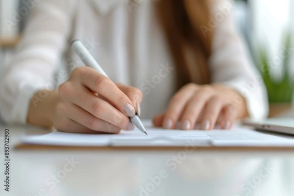 Obraz Woman Writing on Document with Pen
