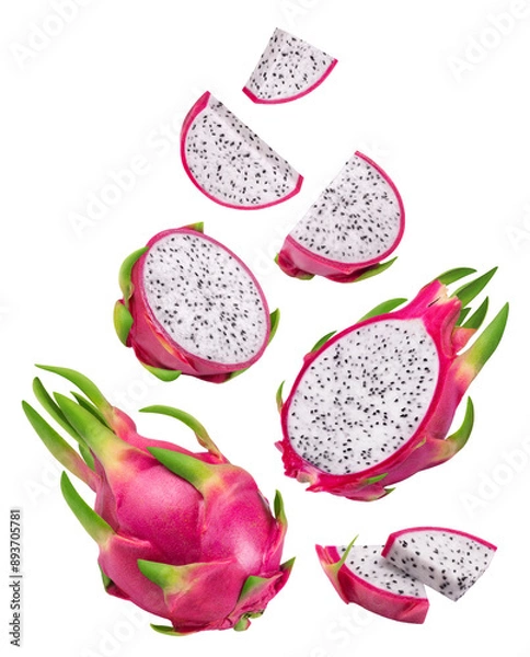 Fototapeta Pitaya isolated set. Collection of ripe dragon fruit or pitahaya, half and slice of the fruit on a transparent background.