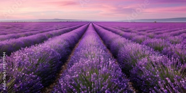 Fototapeta Rows of lavender bloom under a pink sky.