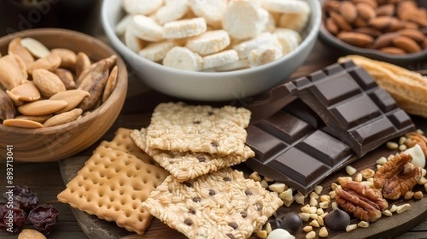 Fototapeta Assorted snacks with biscuits, nuts, and chocolate on a wooden table, perfect for a cozy gathering or a quick treat.