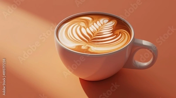 Fototapeta Top view of Latte in mugs with latte art, isolated background