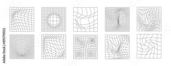 Fototapeta Distorted grid set. Geometry wireframe backgrounds in trendy psychedelic rave style. Y2k retro futuristic aesthetic design PNG.