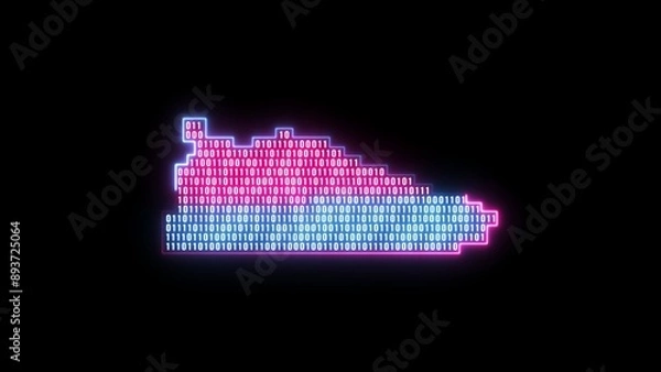 Obraz Glowing pink and blue neon line Fitness pixelated sneaker shoes for training, running icon isolated on black background. Crypto Punk Digital Sneaker. Sport shoes.