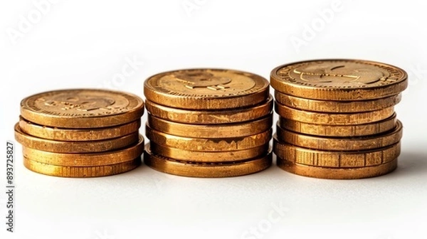 Fototapeta Isolated on white background, a stack of golden coins in different sizes