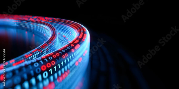 Obraz Abstract illustration of a curved data stream composed of glowing binary code in red and blue. Dynamic visual effect on a dark background. flow of digital information and advanced technology.