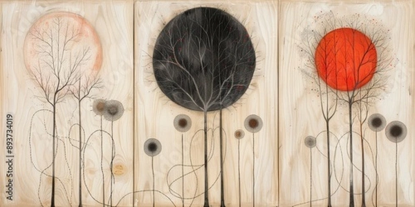 Obraz Contemporary Triptych: Minimalist Tree Silhouettes with Striking Circular Forms