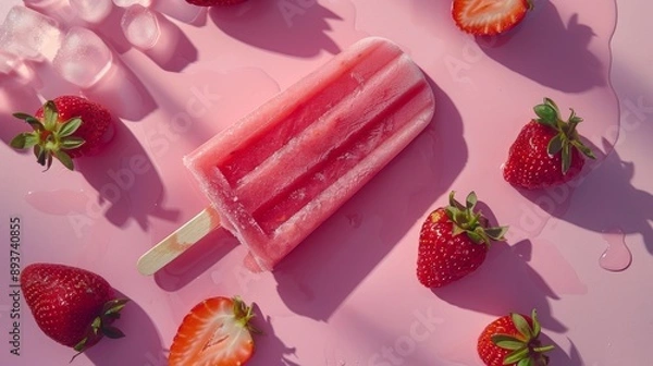 Fototapeta A Pink Strawberry Popsicle Melts on a Pink Background With Fresh Strawberries and Ice Cubes