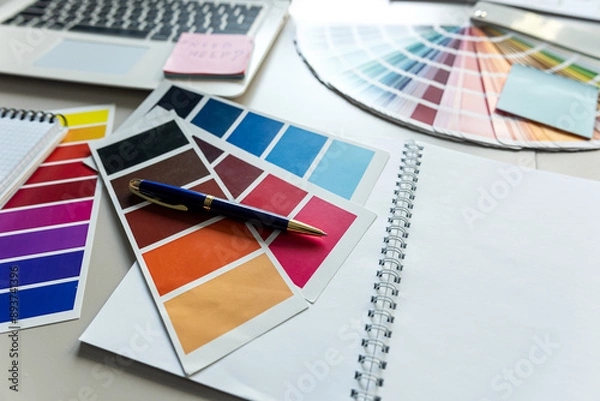 Obraz Desktop with aptop and Notepad for notes color catalog, creative workplace