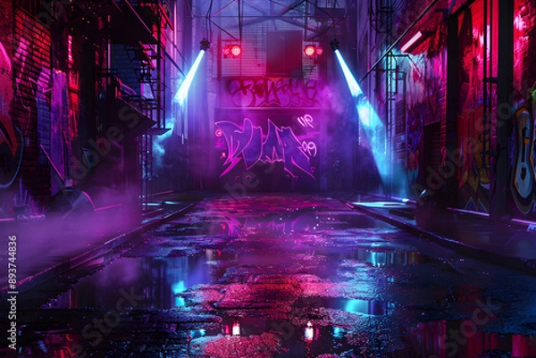 Fototapeta A neon lit alleyway with graffiti on the walls. The graffiti reads "Dance". Scene is energetic and vibrant, with the neon lights and graffiti creating a sense of excitement and movement