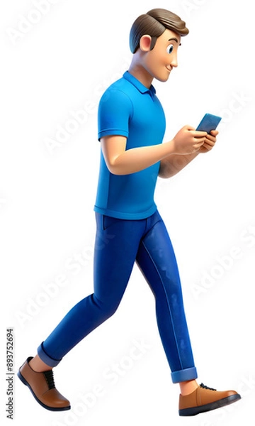 Obraz Cartoon Man Walking and Using Smartphone