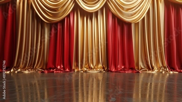 Fototapeta A dramatic stage setting with gold and red curtains and a reflective floor