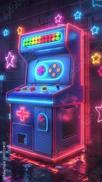 Obraz A vibrant arcade game machine illuminated with neon lights, set against a backdrop of colorful stars, perfect for retro gaming themes.
