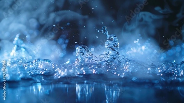 Fototapeta A captivating design with a blue background featuring bubbling and steaming water, creating a dynamic and fresh visual effect