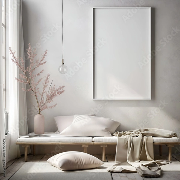Fototapeta Aesthetic minimalist room interior design. Mockup picture frames. Mock up poster on the walls. Copy space. Clean scandi apartment for decoration. Neutral colors. Modern style.