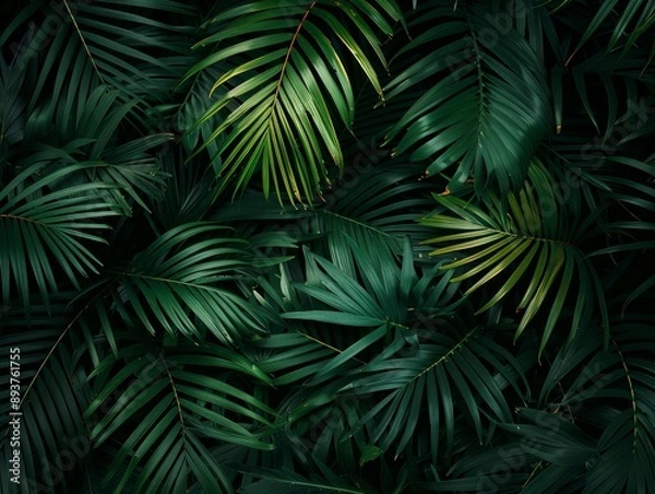 Fototapeta Closeup nature view of green leaf and palms background. Flat lay, dark nature concept, tropical leaf
