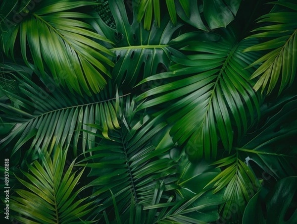 Fototapeta Closeup nature view of green leaf and palms background. Flat lay, dark nature concept, tropical leaf