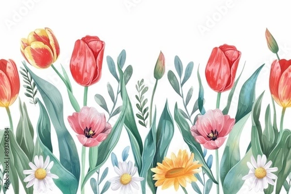 Fototapeta Watercolor botanical frame with a mix of tulips and daisies in bright colors surrounded by gentle leaf patterns