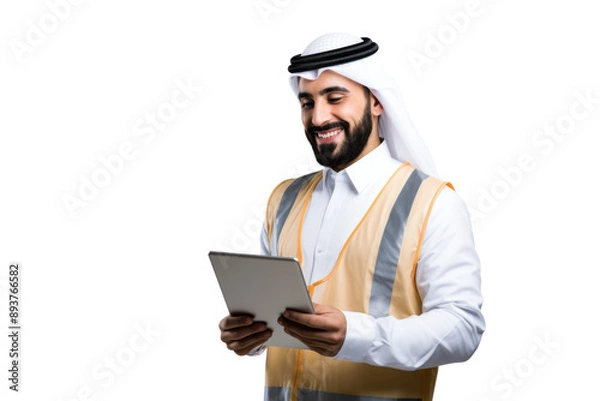 Fototapeta Young Middle Eastern builder in uniform using a tablet Isolated on white background