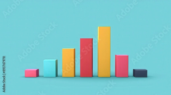 Obraz Colorful 3D bar chart with six columns of varying heights against a light blue background, representing data in a visually engaging and simple manner.