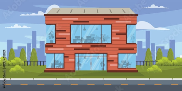 Fototapeta Vector illustration of a large office building.Cartoon scene of a beautiful modern office building with large glass windows, doors, tables with computers, chairs.Silhouettes of city buildings, bushes.