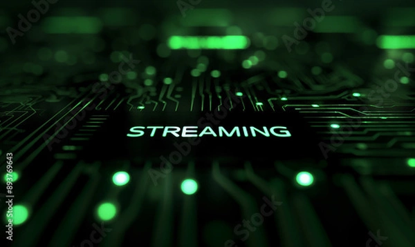 Fototapeta A futuristic high-tech data center or server room with illuminated circuits and the word "STREAMING" prominently displayed, emphasizing digital streaming technology