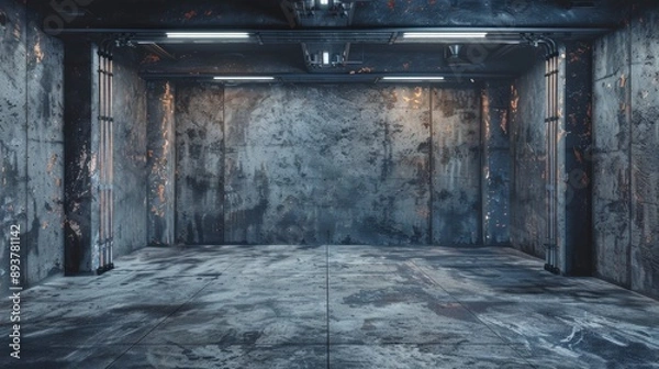 Obraz A dimly lit concrete room with rusty pipes and overhead lights