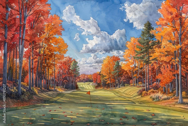 Fototapeta Watercolor illustration of a golf course in autumn, with trees
