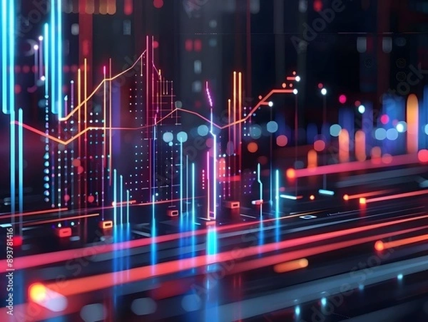Fototapeta Futuristic Digital Data Visualization with Neon Lights and Graphs in a Dark Background