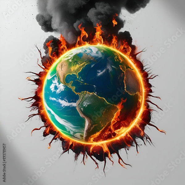 Fototapeta planet earth burning with fire, burning globe global warming and climate change concept, copy space background