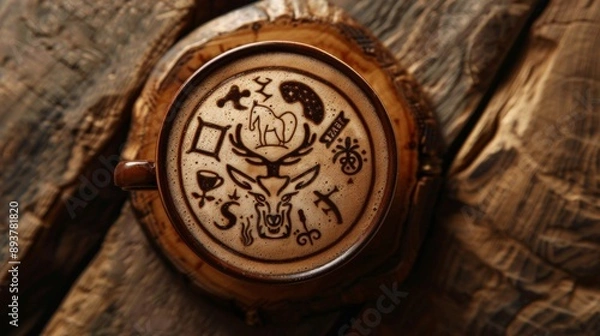 Fototapeta Zodiac Coffee Creations, intricate zodiac symbols crafted in coffee foam, minimalist backdrop, emphasizing simplicity and elegance, inviting contemplation and connection.