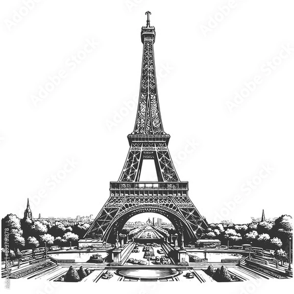 Obraz Eiffel Tower with the Paris skyline in the background, evoking a classic and elegant feel sketch engraving generative ai raster illustration. Scratch board imitation. Black and white image.