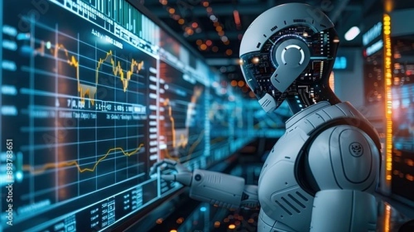 Obraz AI algorithms analyzing stock market data with traders monitoring real-time financial charts and graphs. Artificial intelligence in finance,  predictive analytics, market trends, decision-making .