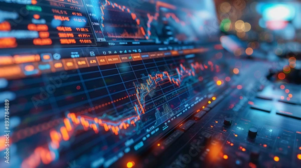 Fototapeta Dark blue background featuring a stock market graph, highlighting financial trends and data visualization.